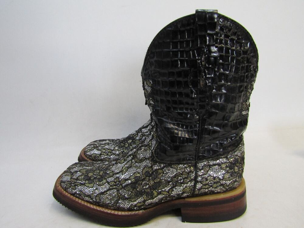 Ferrini Womens Size 6.5 B Black Leather Floral Gator Print Cowboy Western Boots